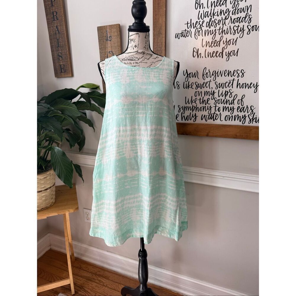 Nicole Miller Women's Tie-Dye Linen Sleeveless Tank Shift Dress Green White XS